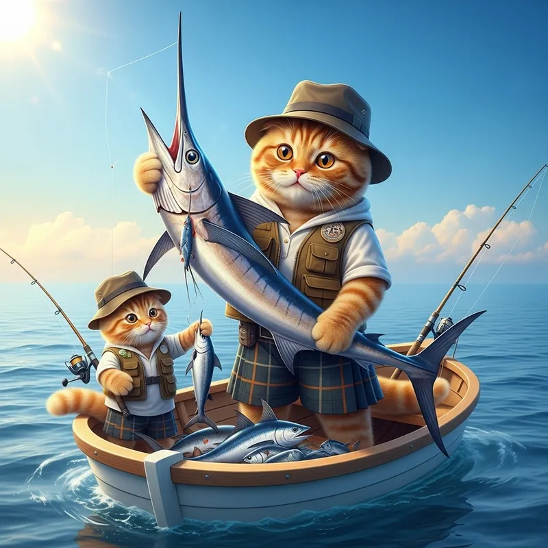 Jovial Scot Cat and Kitten Fishing the Swordfish Scene | Realism, Hyperrealism, Photorealism Jovial Scot Cat and Kitten Fishing the Swordfish Scene | Realism, Hyperrealism, Photorealism