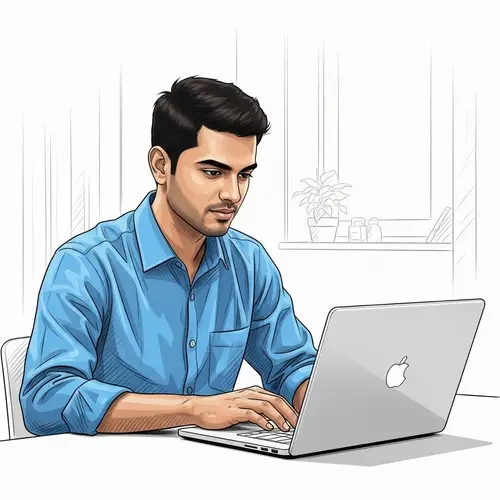 Detailed Sketch of South Asian Man Working on Laptop