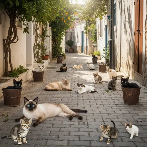 Feline Spectacle on Cobblestone Street: Cats in Harmony