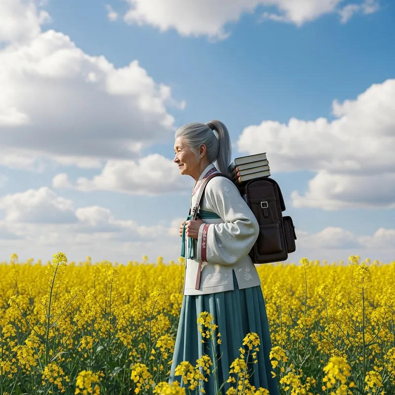 Elderly Grandma in Hanfu and Braided Hair Walking Home Through Canola Flower Field