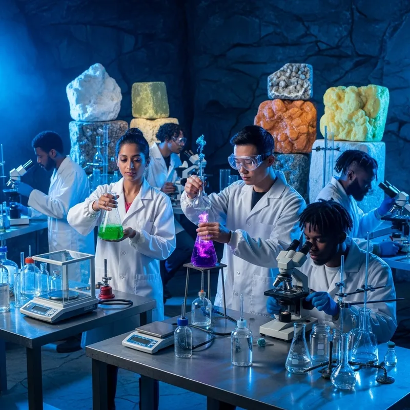 Diverse Chemists in Blue-Hued Underground Lab | Beakers & Compounds