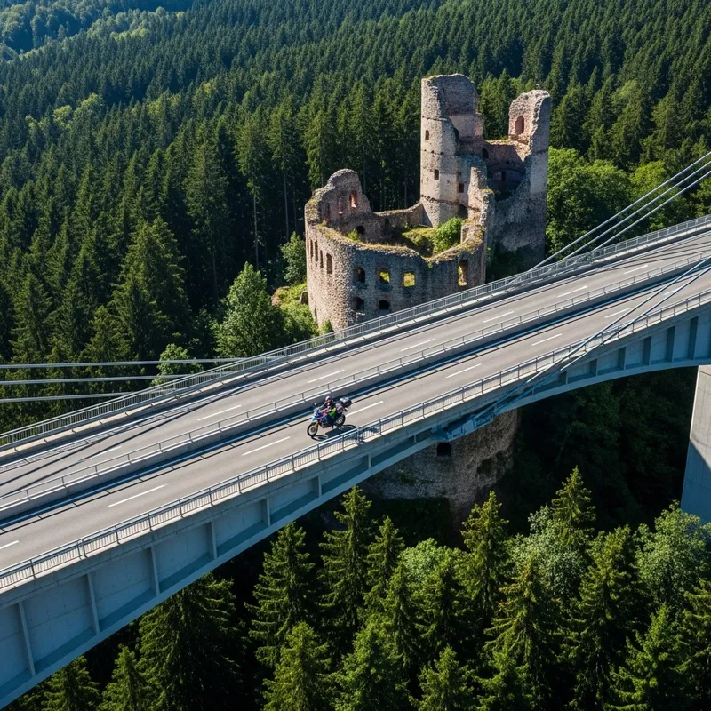Aerial View of Forest and Castle Ruins with Motorcyclist