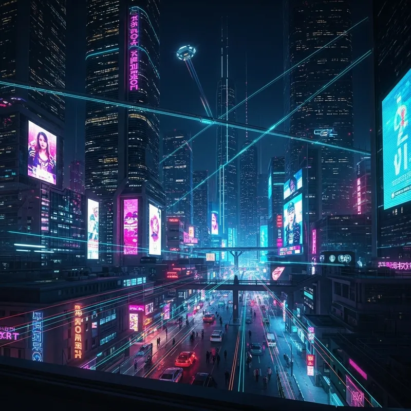Futuristic Cyberpunk Cityscape | Neon Colors & Technological Advancements