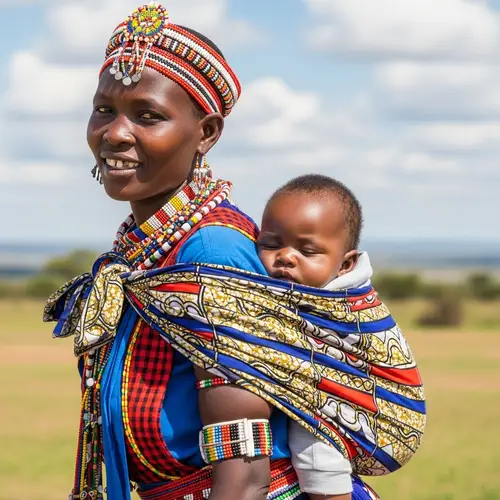 African Woman Carrying Baby in Colorful Traditional Attire