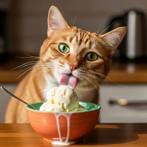 Playful Cat Enjoying Sweet Vanilla Ice Cream | Cozy Home Scene