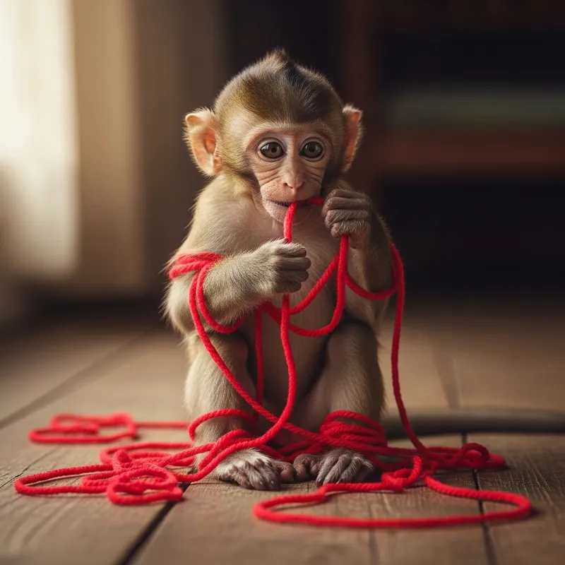Adorable Monkey Playing with Yarn Ball - Playful and Fun