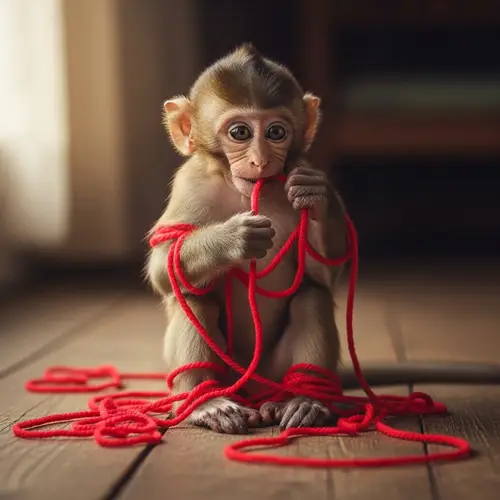 Cute Monkey Playing with Ball of Yarn - Fun and Playful