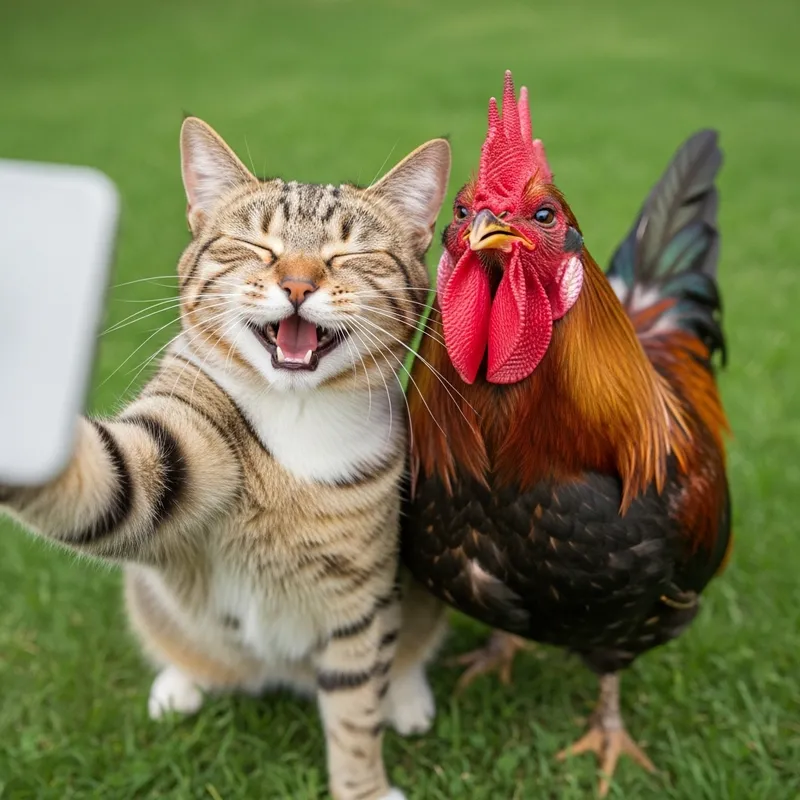 Realistic Cat and Rooster Selfie - Professional High-Resolution Photo