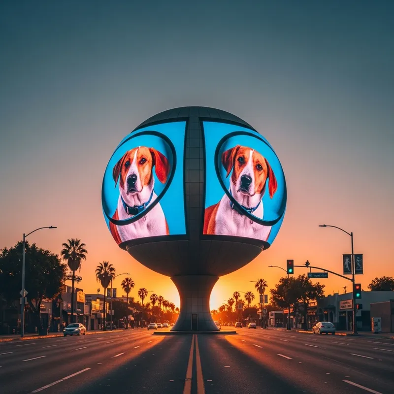 Concave LED Billboards Sphere Featuring Dog Image on Sunset Blvd