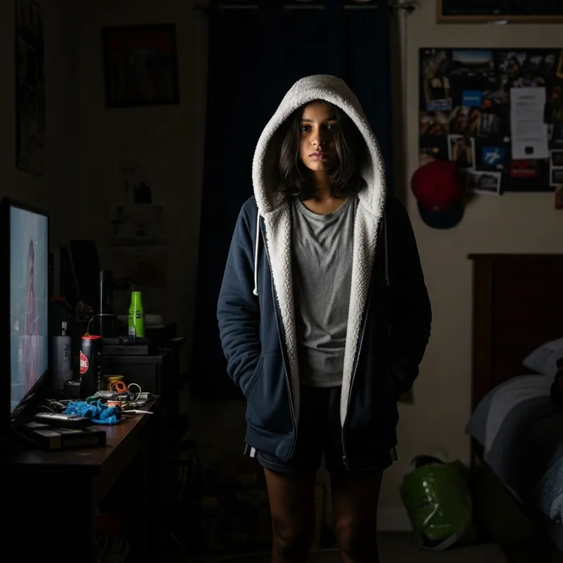 South Asian Girl in Cluttered Room with Hoodie in Soft Light