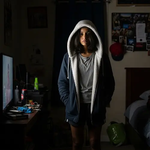 South Asian Girl in Cluttered Room with Sherpa Hoodie