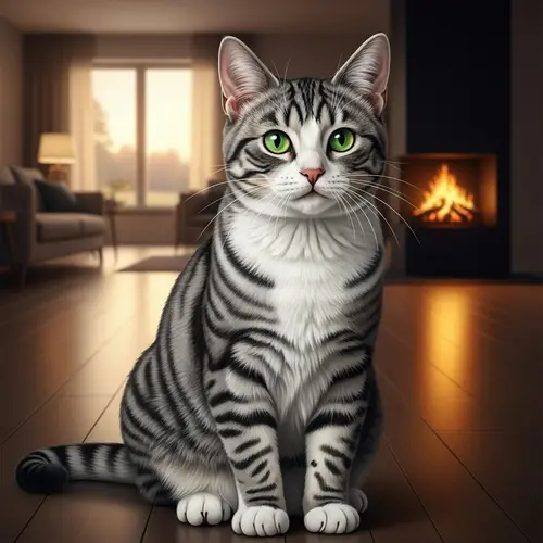 Striped Grey & White Domestic Short-Haired Cat with Green Eyes