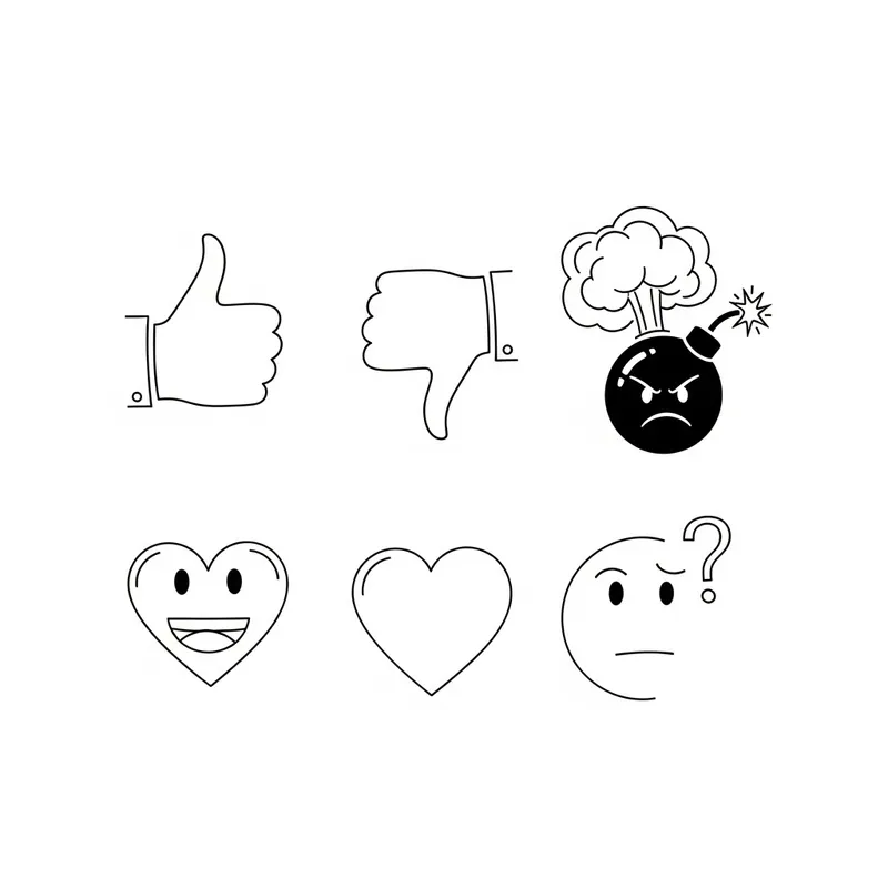 Minimalist Emoji Collection: Thumbs-Up, Thumbs-Down, Angry Bomb, Happy Heart, Confused Face