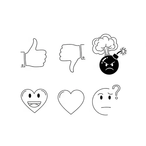 Minimalist Emojis: Thumbs-Up, Thumbs-Down, Angry Bomb, Happy Heart, Confused Face