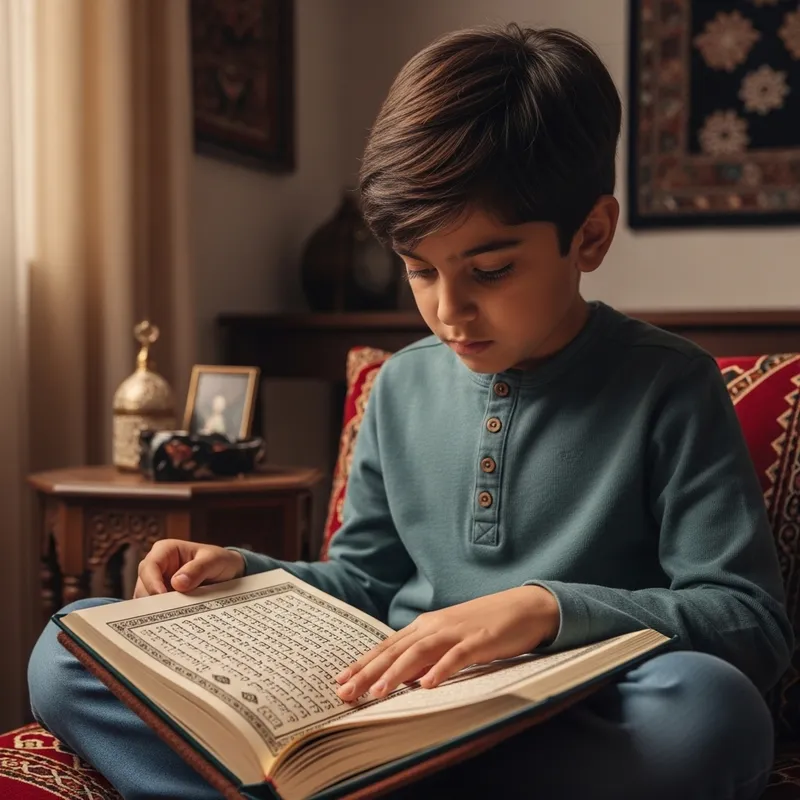 Young Boy Immersed in Qu'ran Reading in Serene Traditional Setting