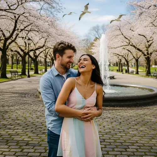 Romantic Moments: Couple in Cherry Blossom Park