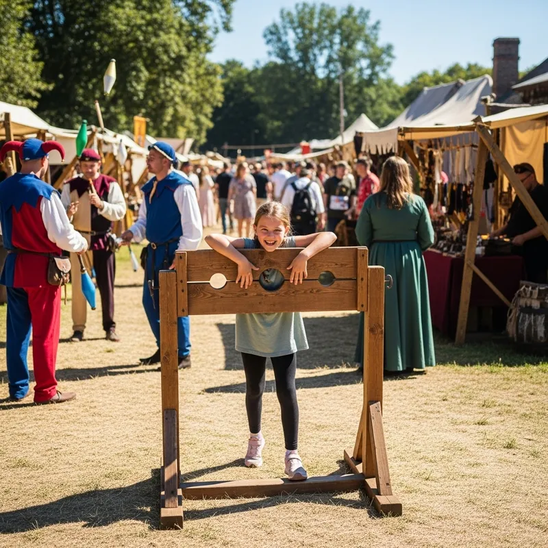 Medieval Fair Pillory Experience: Joyful Young Girl in Historical Reenactment Medieval Fair Pillory Experience: Joyful Young Girl in Historical Reenactment
