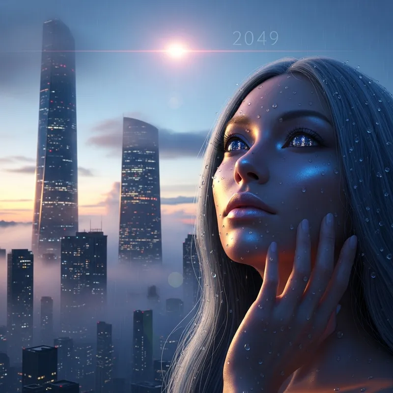 Pleiadian Woman at Dawn | Futuristic Skyscraper Scene 2049