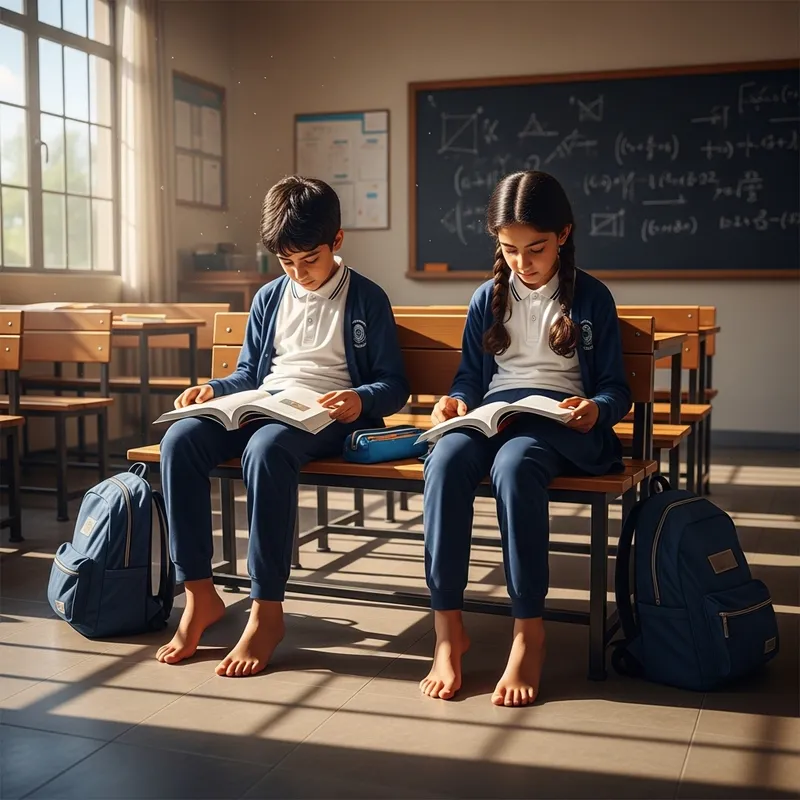 Intricate Scene of Middle-Eastern School Children Studying Barefoot Intricate Scene of Middle-Eastern School Children Studying Barefoot