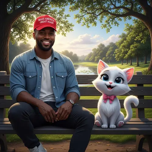 Serene Park Bench Scene with Kanye West and Hello Kitty