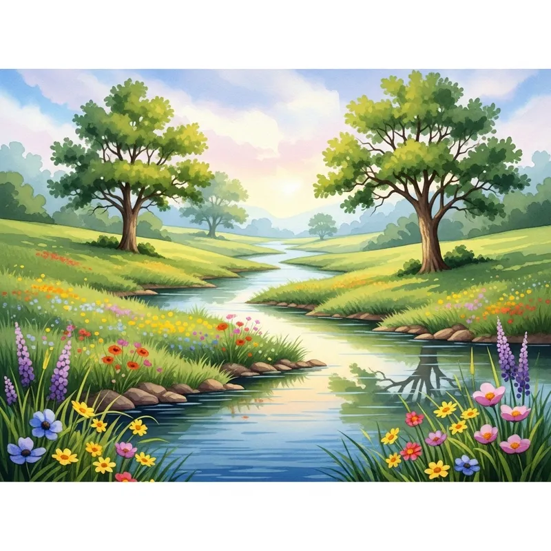 Serenity in Watercolor: Verdant Fields & Wildflowers Serenity in Watercolor: Verdant Fields & Wildflowers