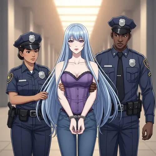 Anime Style Woman Arrested by Police - Blue Hair & Purple Corset