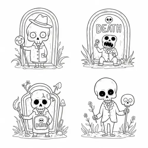Whimsical Coloring Book Page: Death Through Light-hearted Optics