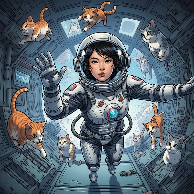 Young Girl in Futuristic Spaceship Surrounded by Floating Cats Young Girl in Futuristic Spaceship Surrounded by Floating Cats