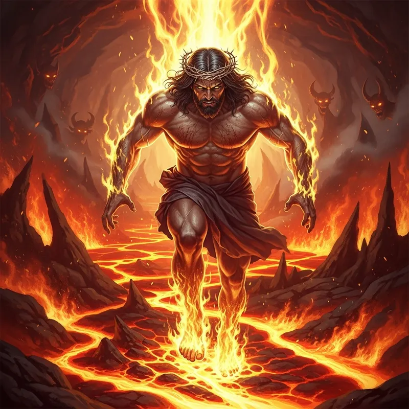 Jesus Entering Hell with Battle Countenance and Powerful Aura to Defeat Satan