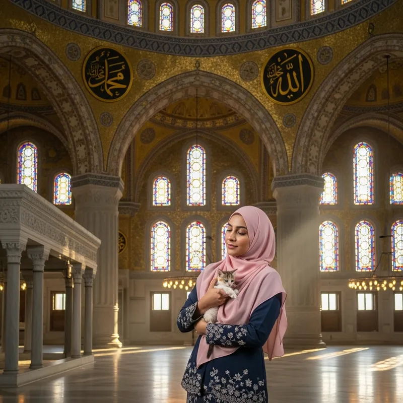 Tranquil Scene: Middle-Eastern Woman with Kitten in Mosque