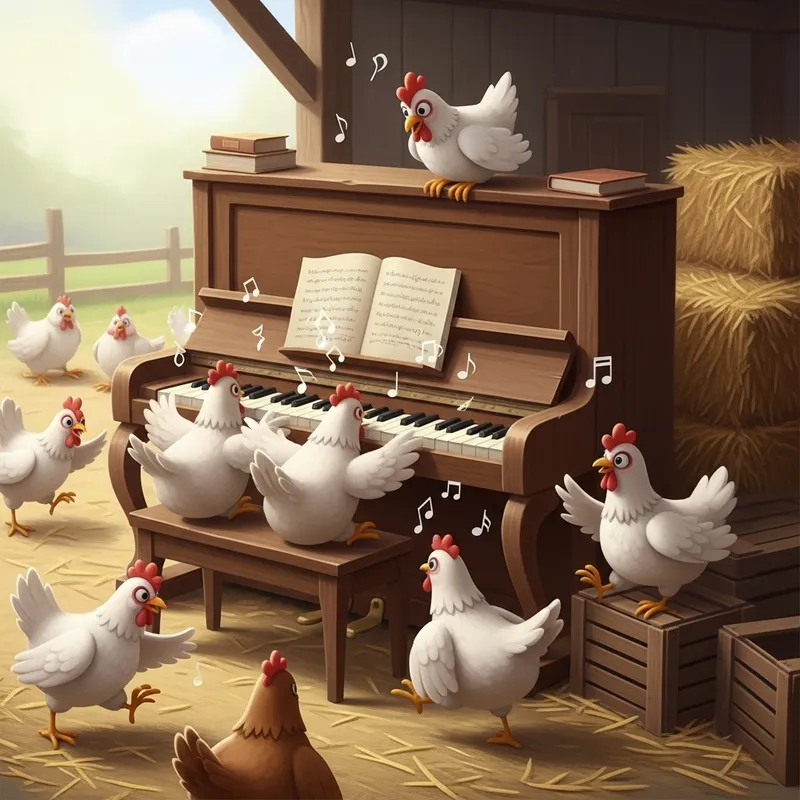 Playful Chickens at the Piano | Rustic Barn Fun Scene