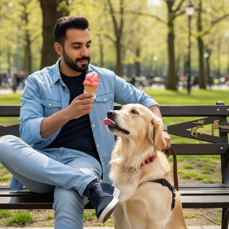 Man Sharing Strawberry Ice Cream with Adorable Dog in City Park Man Sharing Strawberry Ice Cream with Adorable Dog in City Park
