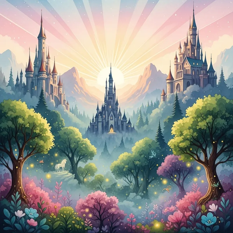 Enchanting Watercolor Magic Kingdom Landscape