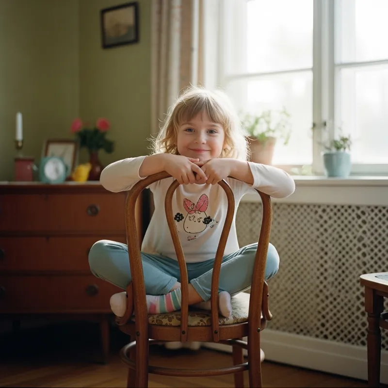 Blonde Girl with Playful Expression on Vintage Chair | Dreamy Retro Scene Blonde Girl with Playful Expression on Vintage Chair | Dreamy Retro Scene