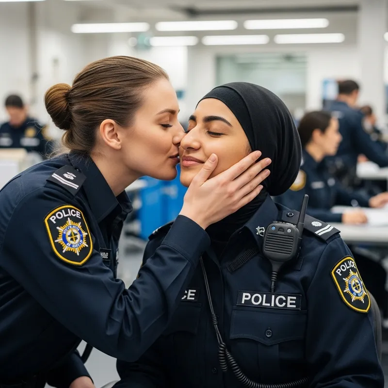 Heartfelt Moment: Female Police Officers Sharing a Kiss