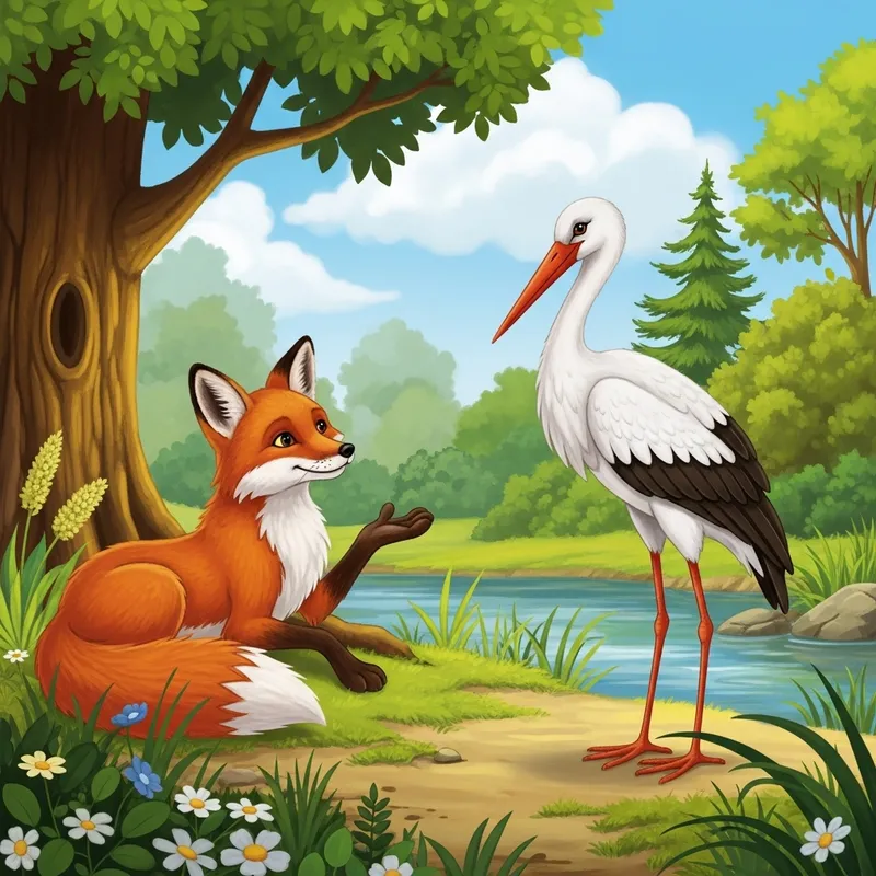 Fox and Stork Fable in Picturesque Forest