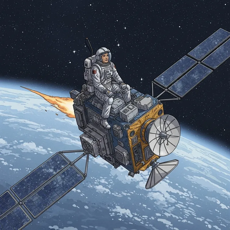 Comic Style Researcher Orbiting on Satellite in Vast Space