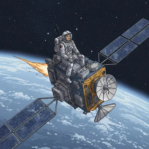 Comic-Style Researcher Riding Satellite in Space
