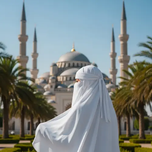 White Niqab Muslim Girl in Front of Grand Mosque
