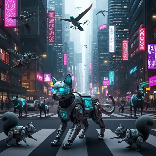 Futuristic Cyber Animals Roaming Techno Cityscape
