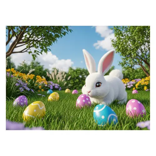 Enchanting Easter Scene with Vibrantly Colored Eggs and Fluffy Bunny
