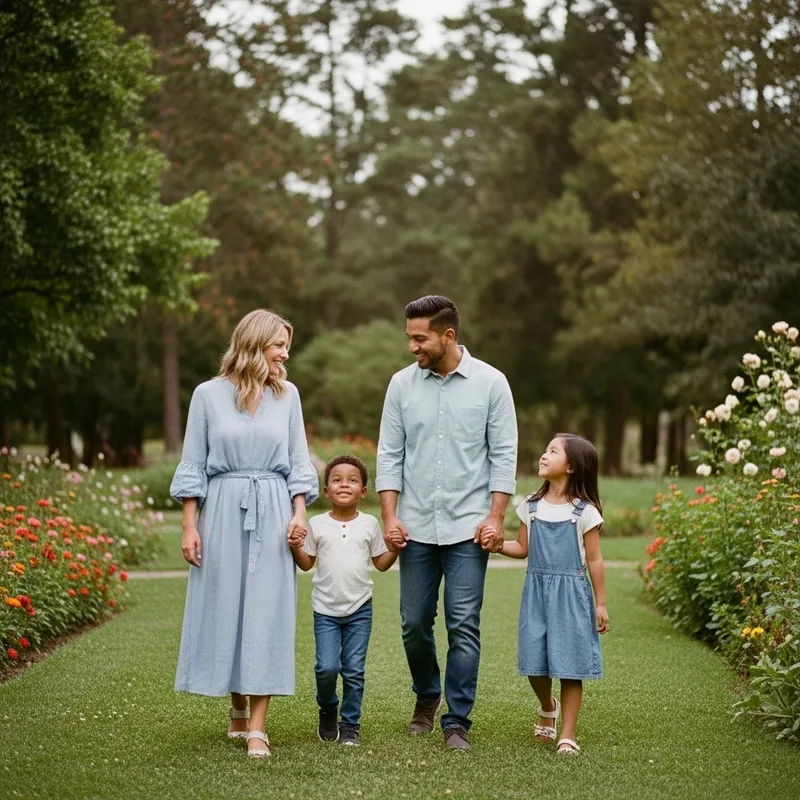 Loving Family Walking Hand in Hand in a Peaceful Park - Heartwarming Scene