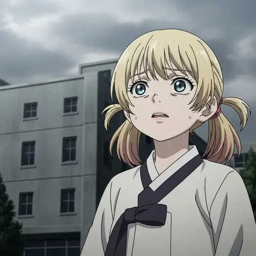 Blonde Girl in Korean School Uniform Looking Fearful - Somber Building Background