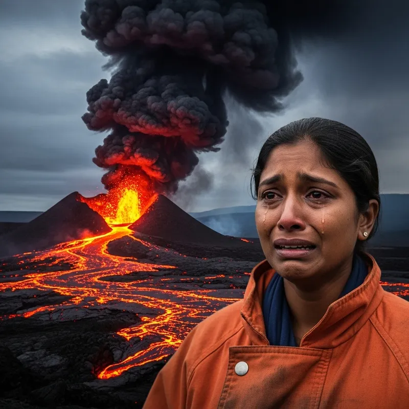 Distraught Woman in Volcanic Landscape: Emotional South Asian Scene