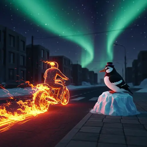 Ghost Rider Meeting Penguin in Mystical Scene