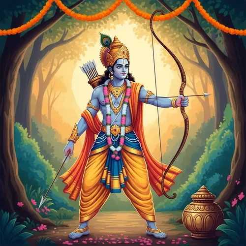 Ancient Indian Mythology-Inspired Character in Vibrant Scene