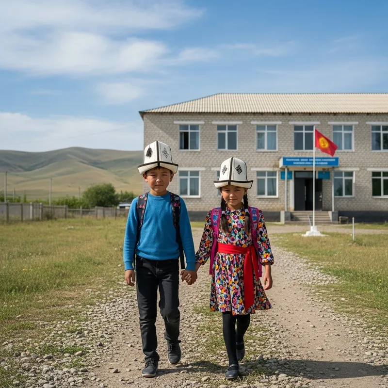 Kyrgyz Boy and Girl with Ak Kalpak Hats Walking to School