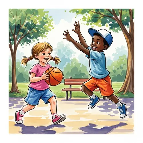Joyful Children Basketball Game Watercolor Illustration