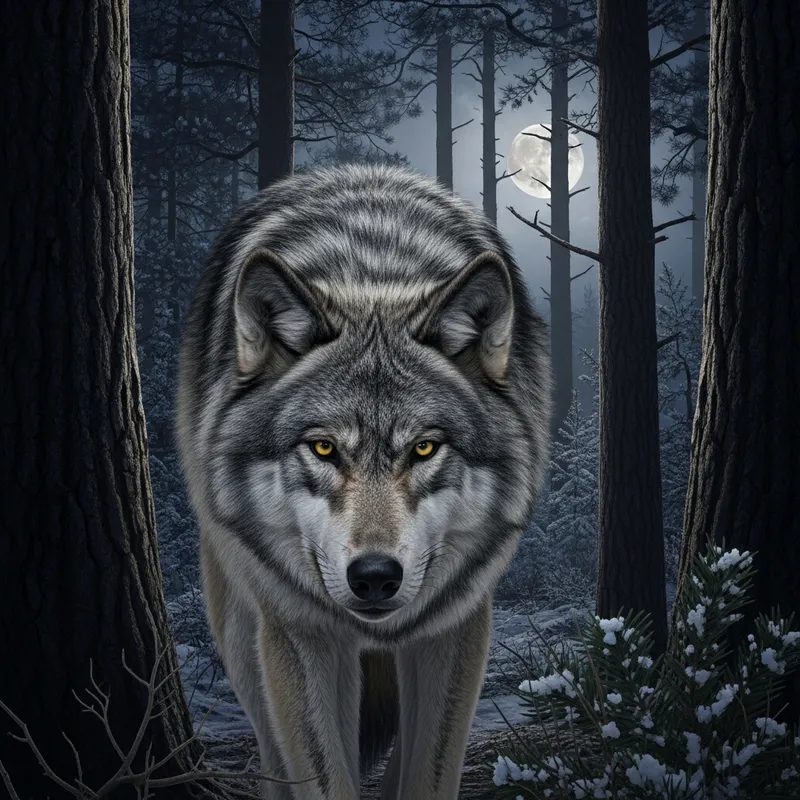Majestic Wolf in Pine Forest | Nocturnal Wildlife Scene Majestic Wolf in Pine Forest | Nocturnal Wildlife Scene