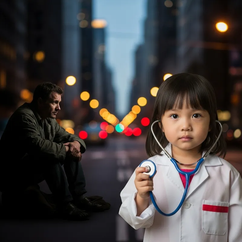 Dreams of Hope: Contrasting Lives in Evening Cityscape